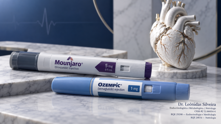Canetas de Mounjaro e Ozempic ao lado de um coração anatômico, representando tratamento metabólico e risco cardiovascular