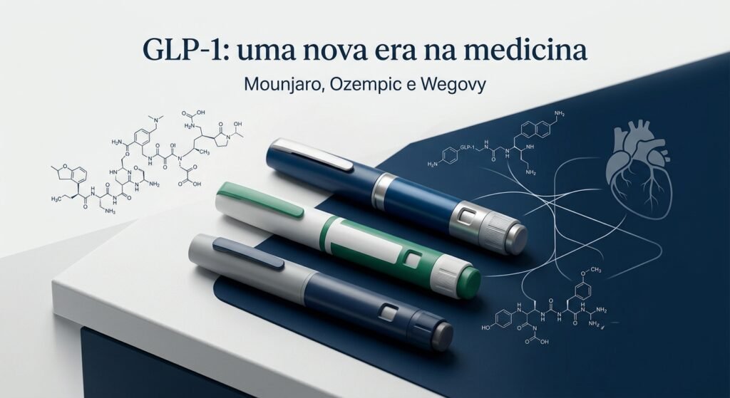 Canetas injetáveis representando agonistas de GLP-1 e medicamentos como Mounjaro, Ozempic e Wegovy em composição médica premium