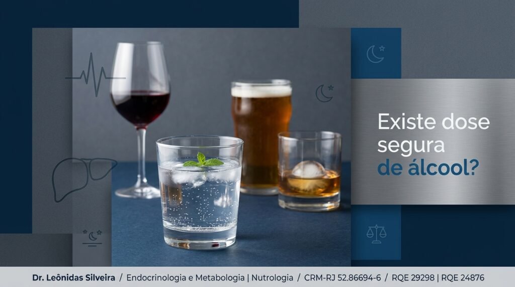 Imagem sobre álcool e saúde com vinho, cerveja, destilado e água; artigo sobre dose segura de álcool, riscos e redução de danos.