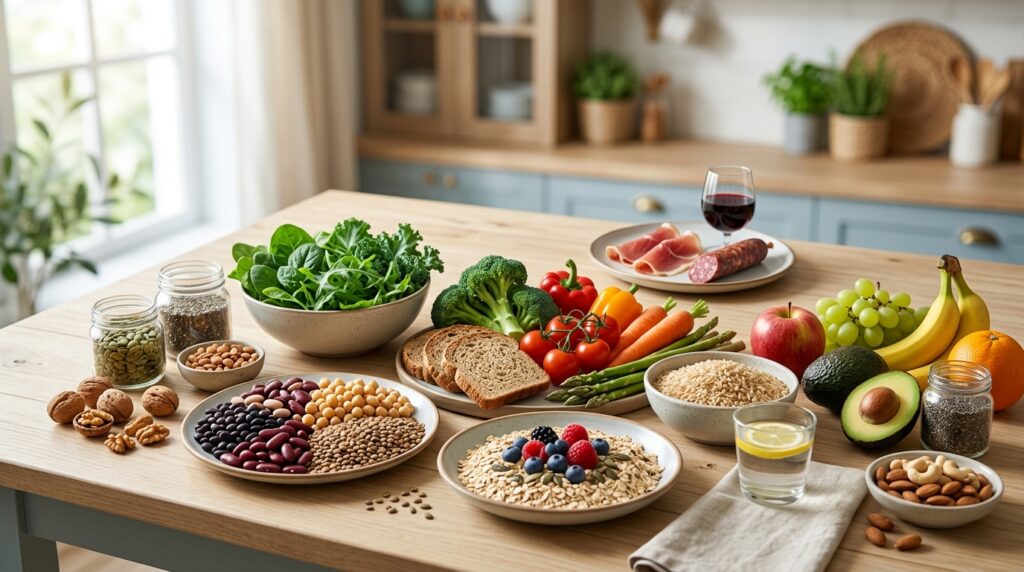 Alimentos ricos em fibras, frutas, verduras e grãos integrais ao lado de carne processada e bebida alcoólica, representando alimentação e risco de câncer