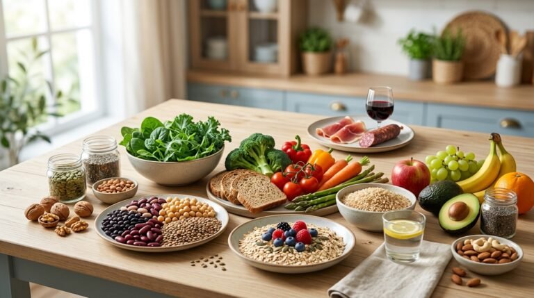 Alimentos ricos em fibras, frutas, verduras e grãos integrais ao lado de carne processada e bebida alcoólica, representando alimentação e risco de câncer