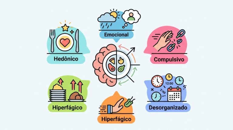 Infográfico colorido sobre fenótipos alimentares no tratamento da obesidade, com padrões hedônico, emocional, compulsivo, hiperfágico e desorganizado