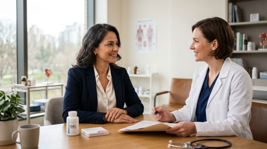 Mulher adulta em consulta sobre menopausa e terapia hormonal