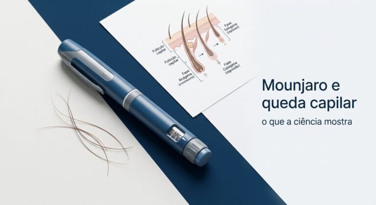 Caneta injetável representando tirzepatida ao lado de fios de cabelo e ilustração de folículo capilar