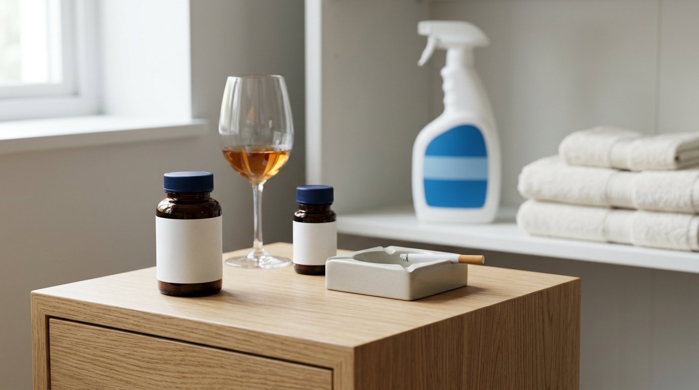 Substâncias tóxicas do dia a dia representadas por medicamentos, produto de limpeza, cigarro e bebida alcoólica