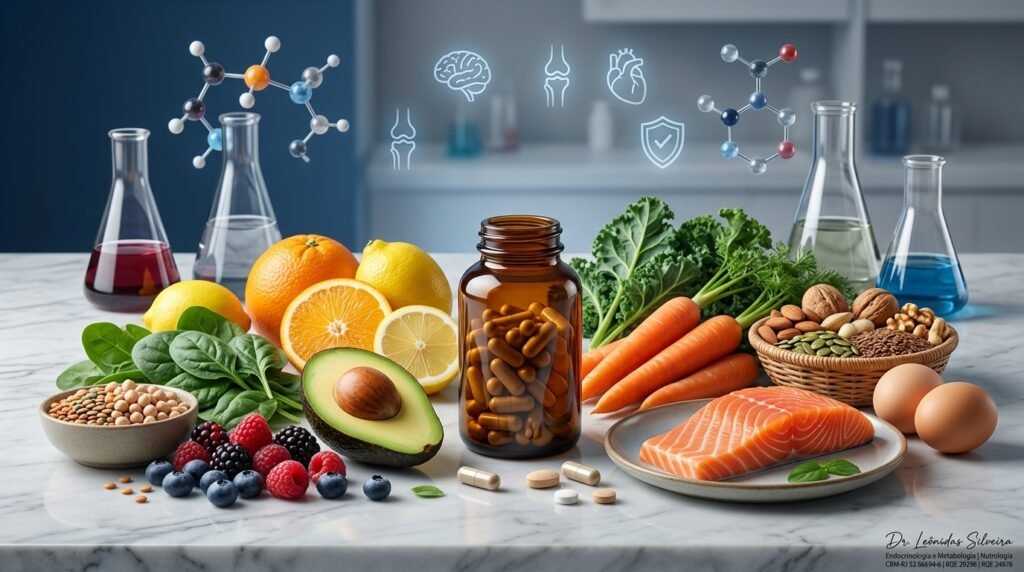 Alimentos ricos em vitaminas e suplementos em composição premium sobre saúde, nutrição e micronutrientes