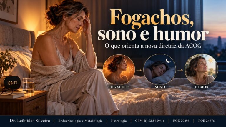Mulher no quarto ao amanhecer; ilustração da relação entre fogachos, sono interrompido e humor na menopausa.