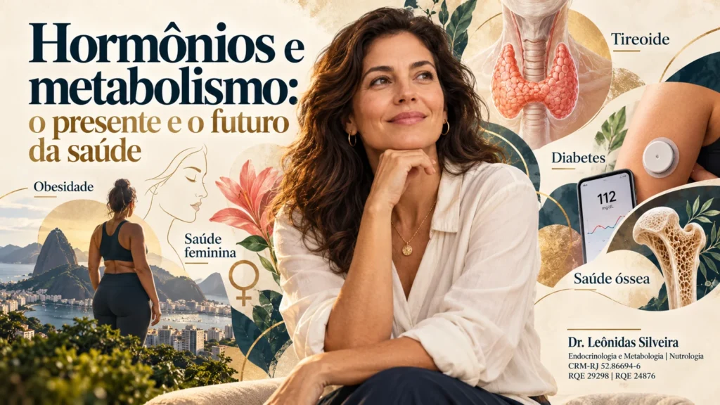 Mulher adulta em composição editorial sobre Endocrinologia e Metabologia, com tireoide, diabetes, obesidade, saúde feminina e saúde óssea.
