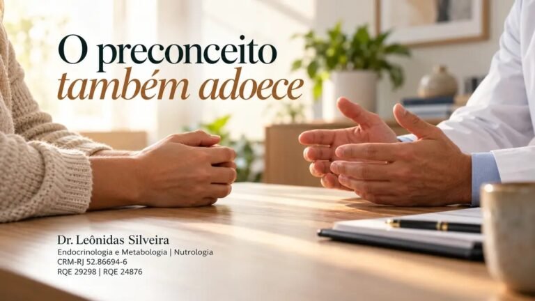 Ilustração de uma conversa acolhedora entre médico e paciente sobre estigma da obesidade, com a frase O preconceito também adoece