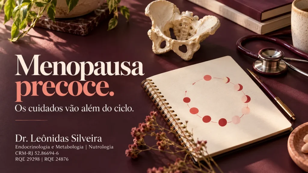 Menopausa precoce: caderno do ciclo menstrual, modelo ósseo e estetoscópio ilustram cuidados além da menstruação.