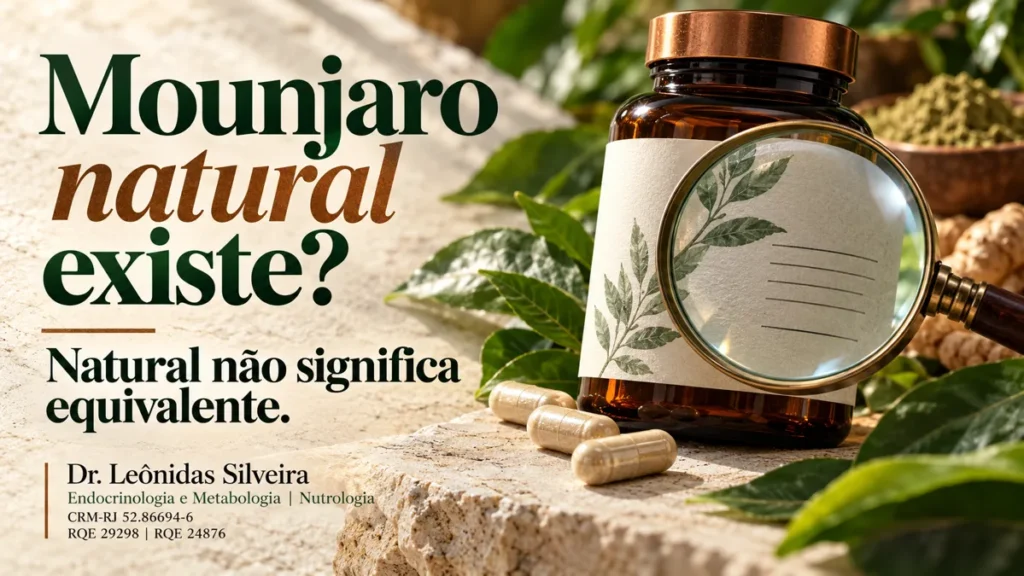 Mounjaro natural existe? Lupa sobre frasco genérico de suplemento ilustra a análise de promessas de equivalência.