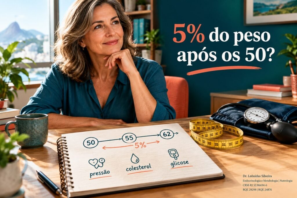 Mulher de meia-idade diante de uma linha do tempo de peso sustentado e marcadores de pressão, colesterol e glicose