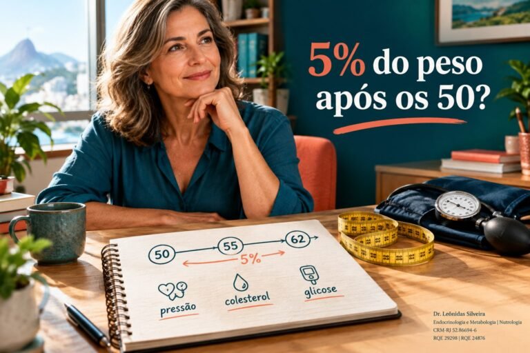 Mulher de meia-idade diante de uma linha do tempo de peso sustentado e marcadores de pressão, colesterol e glicose