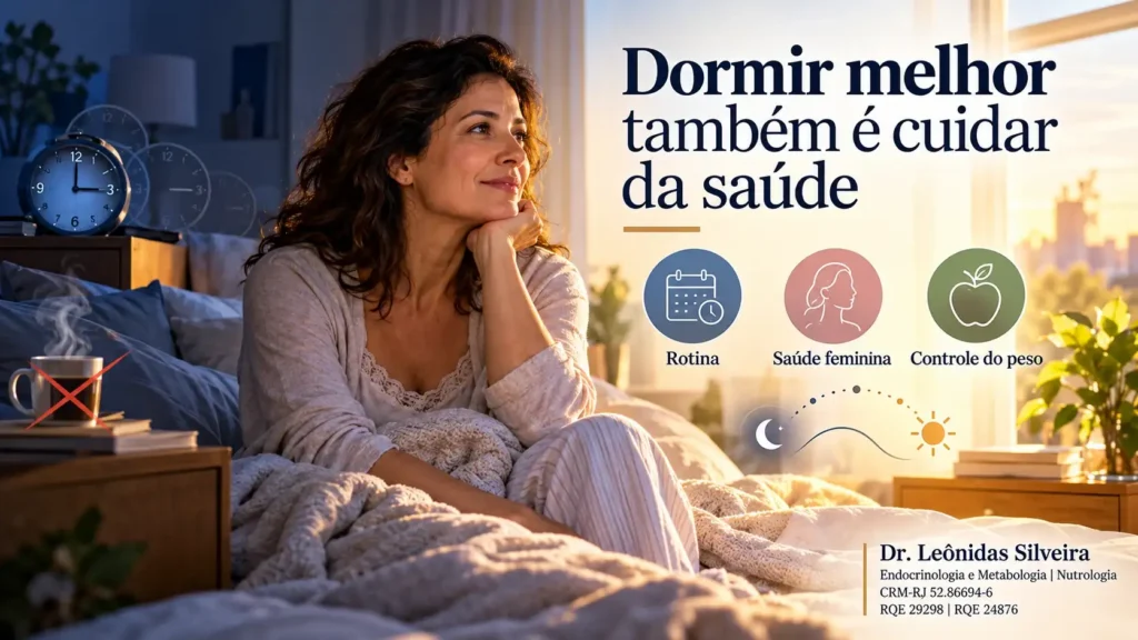 Mulher em quarto ao amanhecer, com orientações visuais sobre rotina de sono, saúde feminina e controle do peso