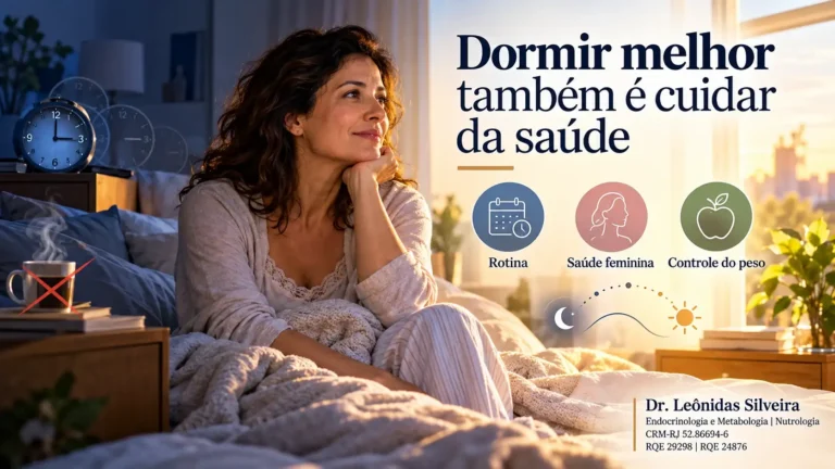 Mulher em quarto ao amanhecer, com orientações visuais sobre rotina de sono, saúde feminina e controle do peso