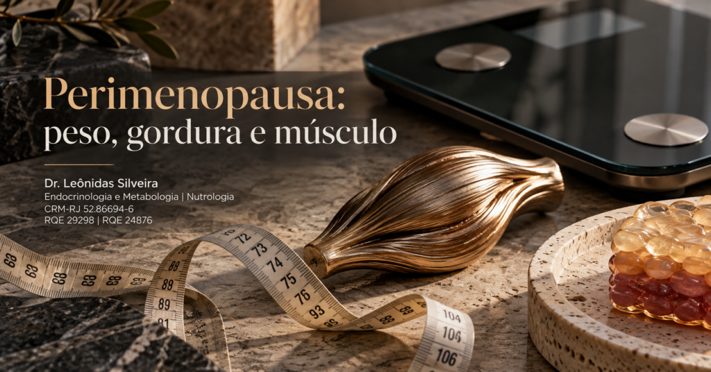 Perimenopausa e ganho de peso: balança, fita métrica e representação de massa muscular e gordura corporal