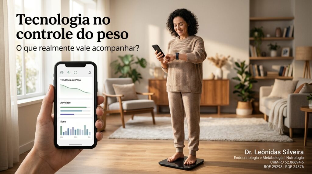 Tecnologia no controle do peso com balança inteligente, smartwatch e aplicativo de saúde